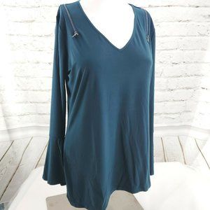 Love Scarlett Womens Deep Teal V Neck Scalloped Slit Sleeve Blouse Top Size PL